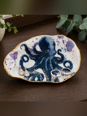 Octopus Trinket Dish with Gold Rim - Blue & Purple